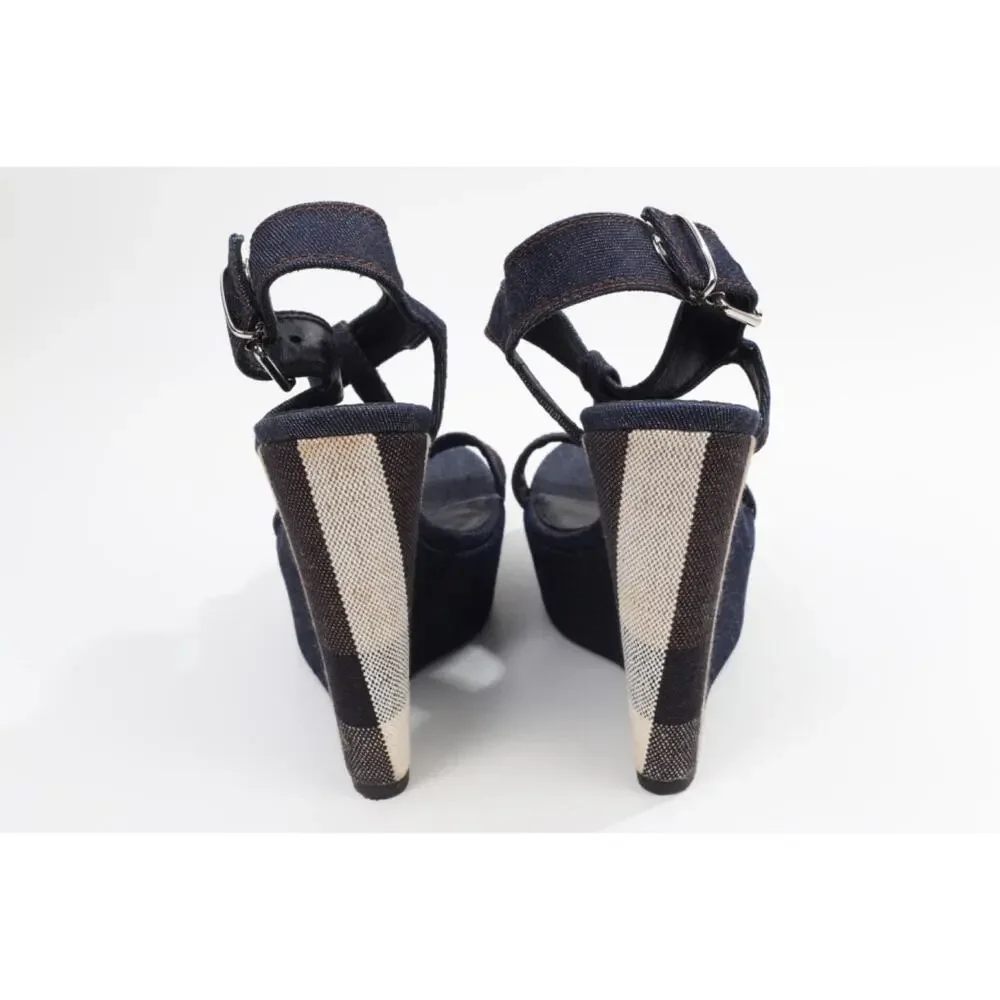 Burberry Navy Denim Buckle Ankle T-Strap Wedge Sandals Designer Shoes Size 38.5 - Picture 9 of 16